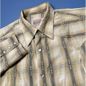 Rockmount‎ Shirt Mens XL Tan Pearl Snap Ranch Wear Cowboy Lurex Smile Pockets